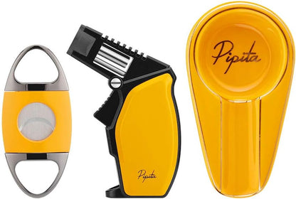 PIPITA Torch Lighter and Cigar Cutter Ashtray Set,Refillable Windproof Single Jet Gas Lighter & Blade Cigar Guillotine & Ceramics Ashtray with Gift Box (Without Gas)