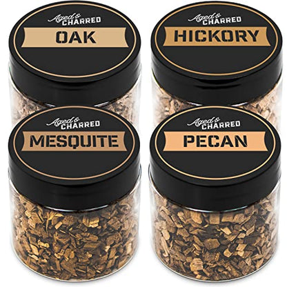 Aged & Charred Cocktail Smoker Wood Chips — Bold 4-Pack (Oak, Hickory, Mesquite & Pecan)