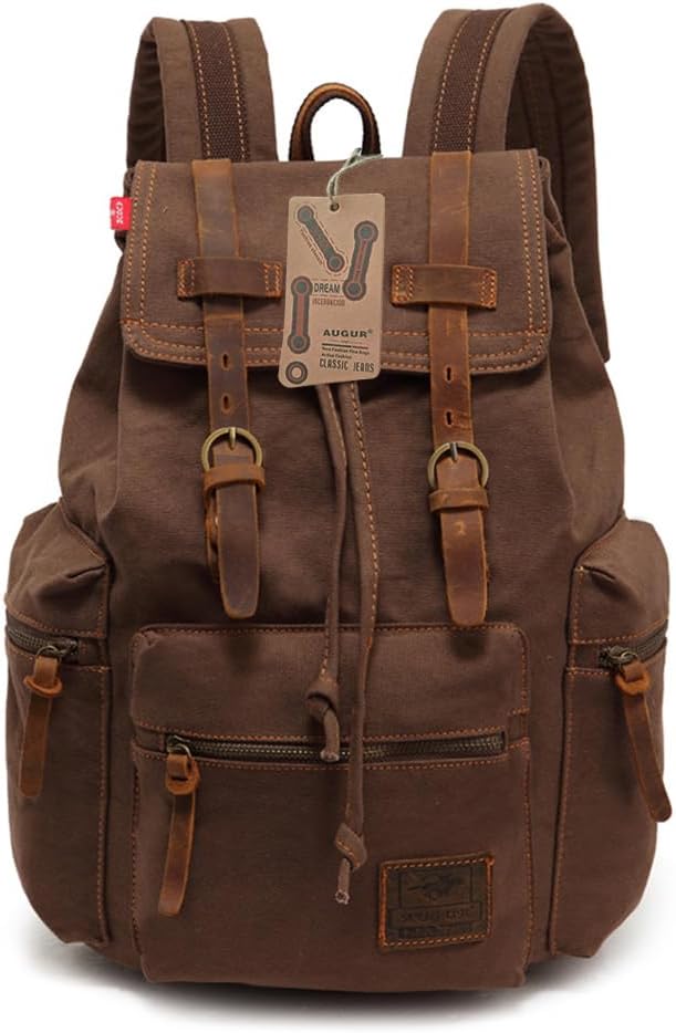 AUGUR Vintage Canvas Leather Backpack Large Laptop Rucksack 
