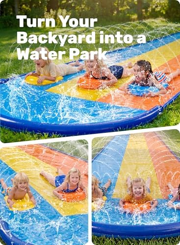 Sloosh Triple Water Slide with 3 Bodyboards — 18FT Backyard Lawn Splash Slide with Built-I