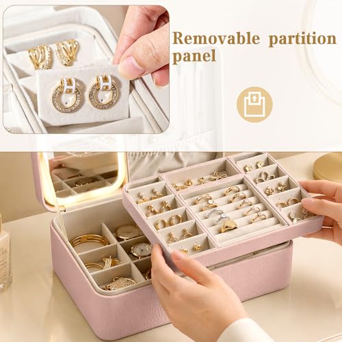 2-Layer LED Jewellery Box with Dimmable Mirror — Necklace Hanging Rail, Velvet-Lined Travel Organiser — image 19