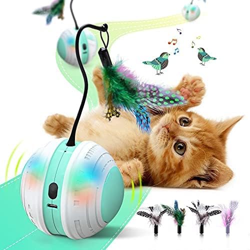 Interactive Cat Toys, 360 Degree Self Rotating Feather Robotic Cat Ball, USB Rechargeable Electric Kitten Toys with LED Lights and Funny Bird Sound for Indoor Cats/Pets
