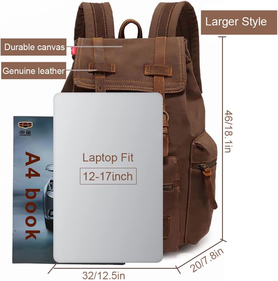 AUGUR Vintage Canvas Leather Backpack Large Laptop Rucksack 