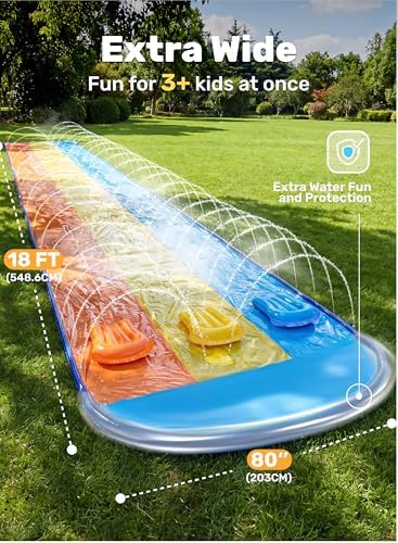 Sloosh Triple Water Slide with 3 Bodyboards — 18FT Backyard Lawn Splash Slide with Built-I