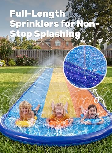 Sloosh Triple Water Slide with 3 Bodyboards — 18FT Backyard Lawn Splash Slide with Built-I