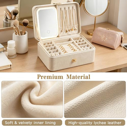 2-Layer LED Jewellery Box with Dimmable Mirror — Necklace Hanging Rail, Velvet-Lined Travel Organiser — image 5