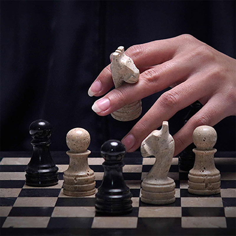 Marble Chess Set 30cm – Black & Travertine