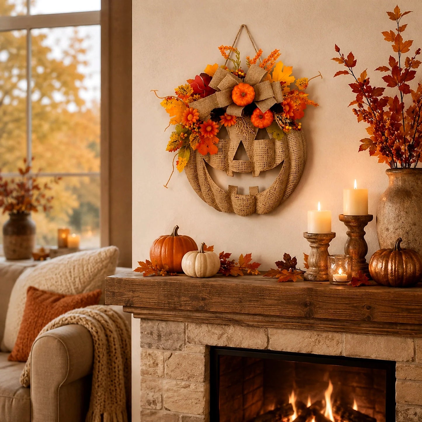 Lighted Burlap Pumpkin Wreath — Halloween Front Door Decor 17