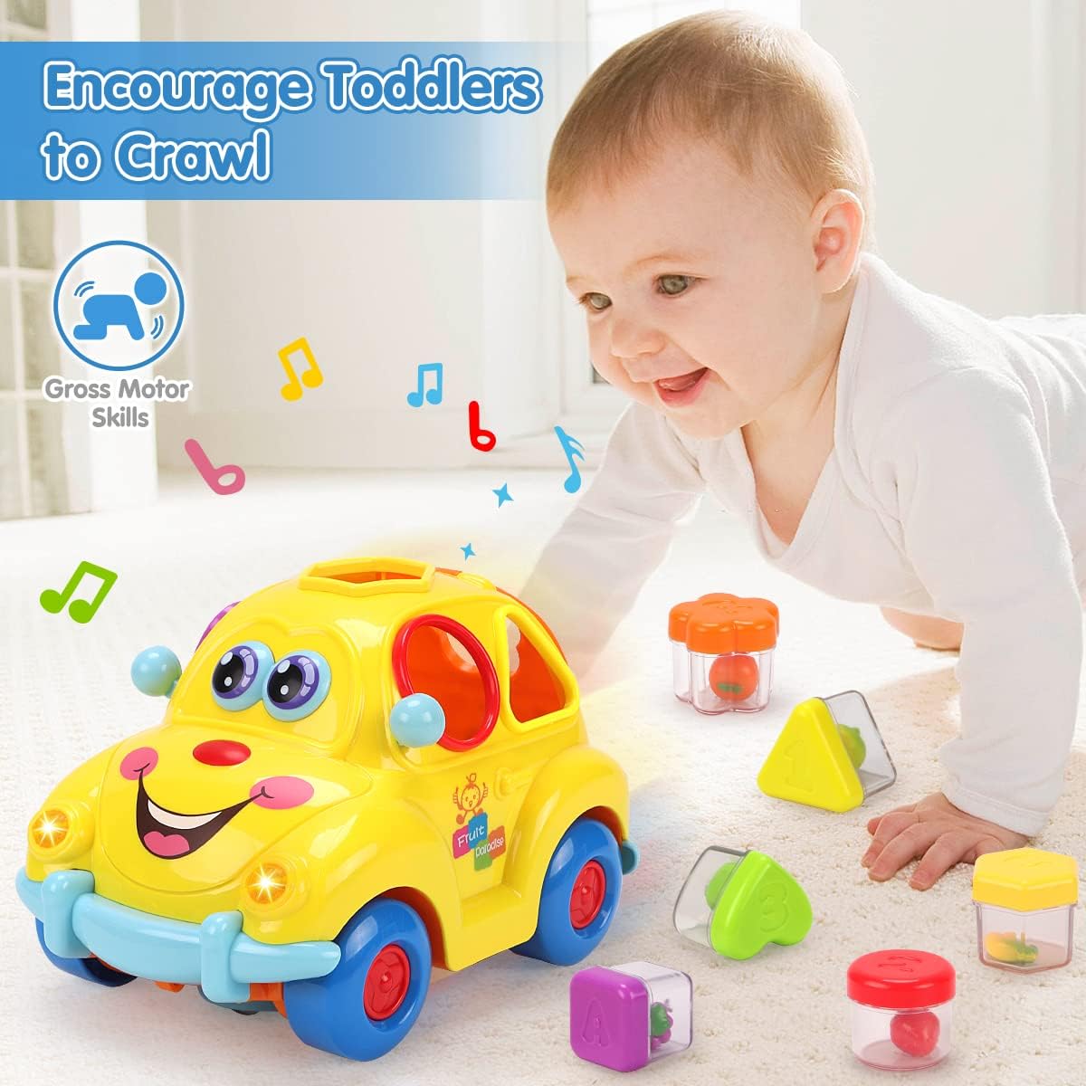 Baby Toys Musical Car Toy with Lights & Sounds, Shape Sorter Toys for Toddlers, Early Education Learning Toy for Girls Boys, Crawling Baby Toy for 18Months+ Toddlers