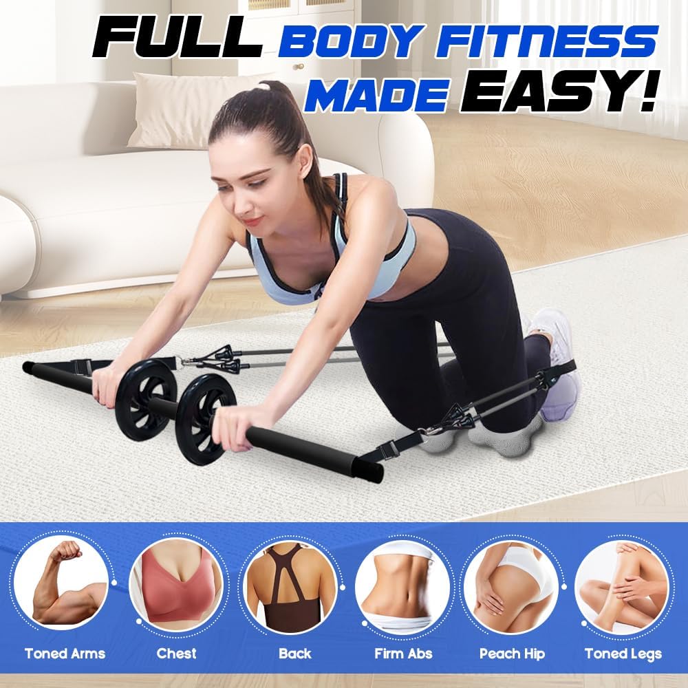 Pilates Bar Kit with 180LBS Resistance Bands(20,30,40 LB),21PCS Pilates Equipment Exercise Bar with Ab Roller, Portable Home Gym Fitness Pilates Bar for Women & Men