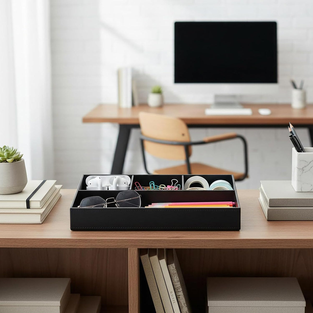 UnionBasic Flat 4-Slot Leather Desk Drawer Tray Stationery S