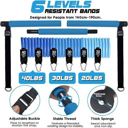 Pilates Bar Kit with 180LBS Resistance Bands(20,30,40 LB),21PCS Pilates Equipment Exercise Bar with Ab Roller, Portable Home Gym Fitness Pilates Bar for Women & Men