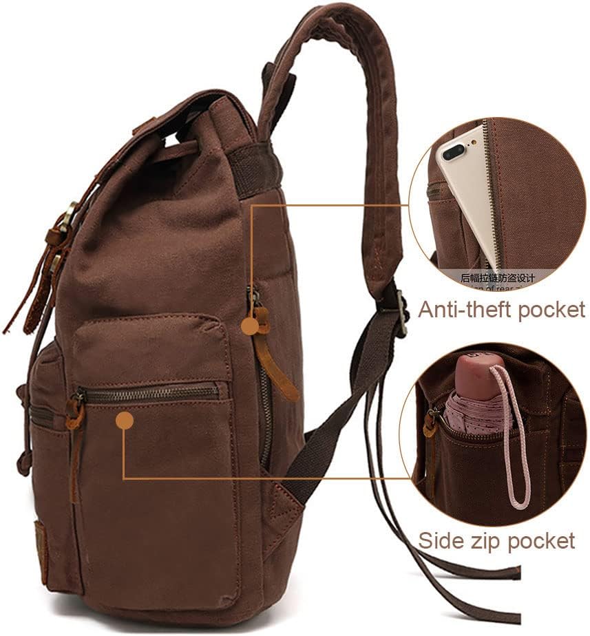 AUGUR Vintage Canvas Leather Backpack Large Laptop Rucksack 