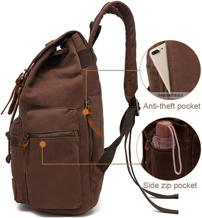 AUGUR Vintage Canvas Leather Backpack Large Laptop Rucksack 