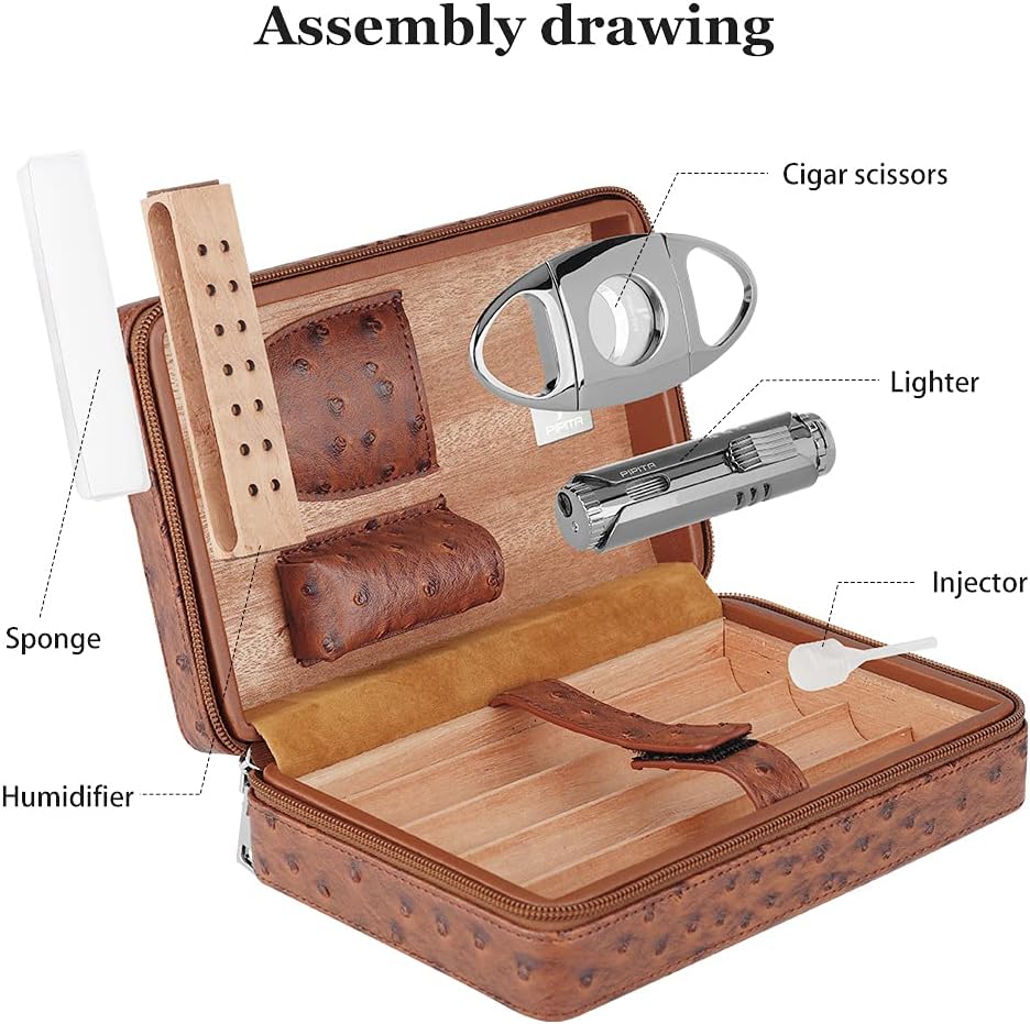 PIPITA Portable Travel Humidor,Elegant Leather Cigar Humidor Cedar Wood Lined for 4 Cigars with Humidifier Cigar Lighter and Cutter (Cigars not Included)