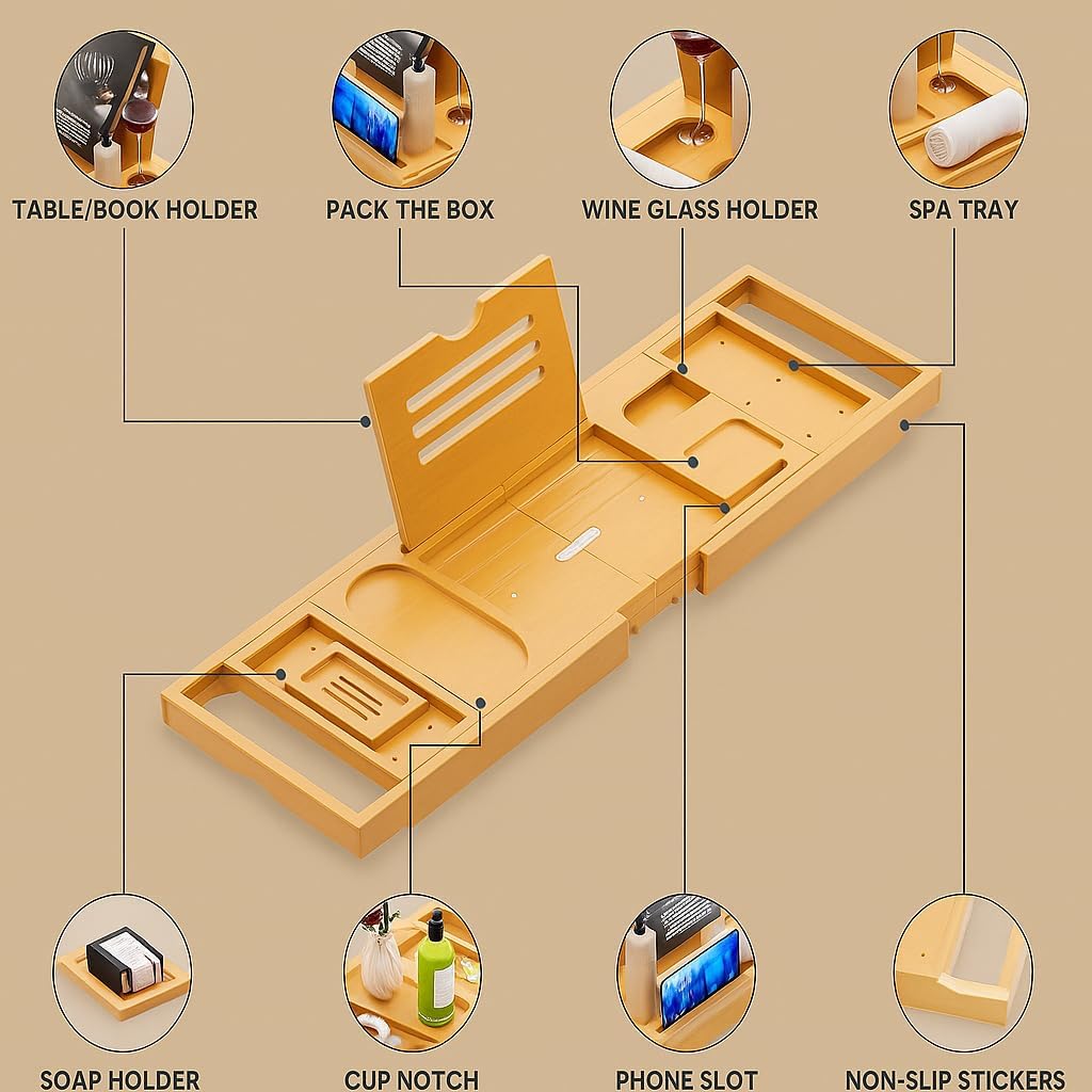 Serenluxe™ Foldable Bamboo Bath Caddy Tray — Expandable & Adjustable Bathtub Rack 3