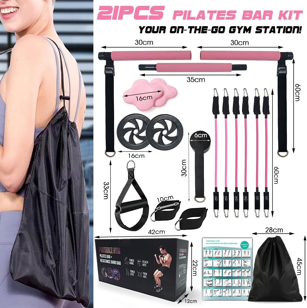 Pilates Bar Kit with 180LBS Resistance Bands(20,30,40 LB),21PCS Pilates Equipment Exercise Bar with Ab Roller, Portable Home Gym Fitness Pilates Bar for Women & Men