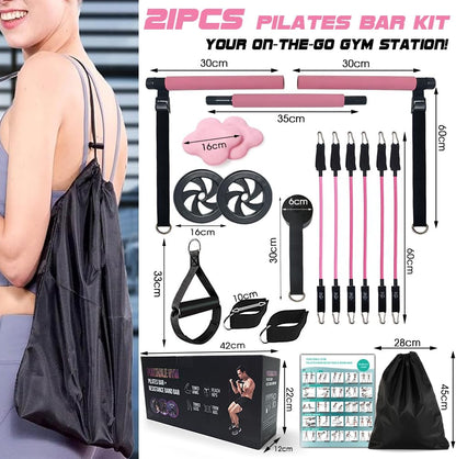 Pilates Bar Kit with 180LBS Resistance Bands(20,30,40 LB),21PCS Pilates Equipment Exercise Bar with Ab Roller, Portable Home Gym Fitness Pilates Bar for Women & Men
