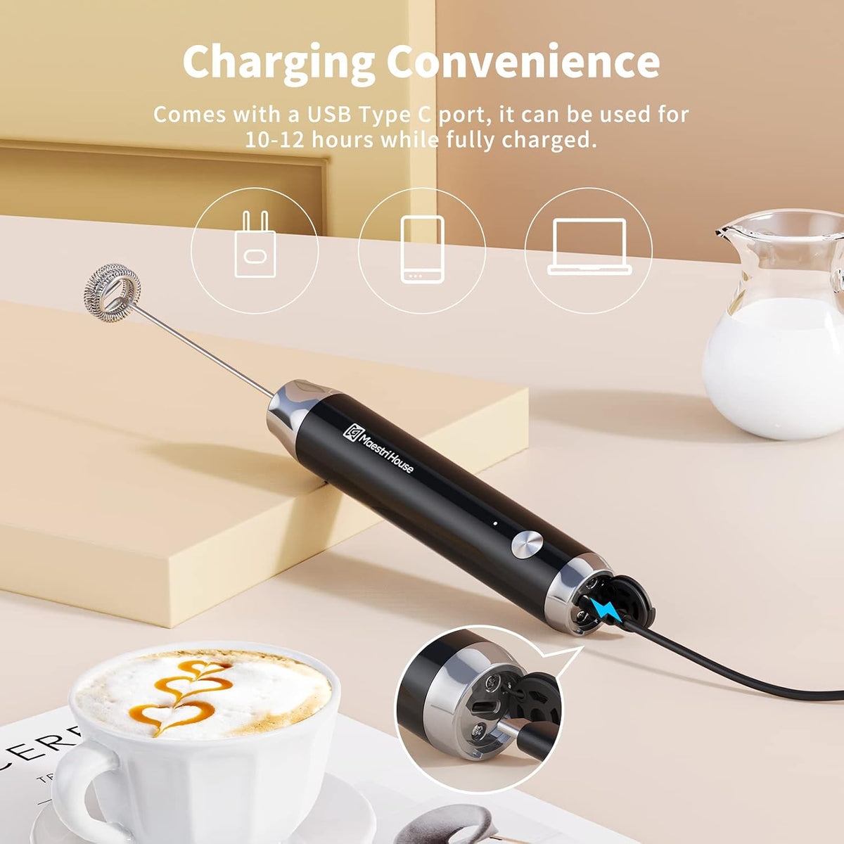 Maestri House Rechargeable Milk Frother with 3 Heads
