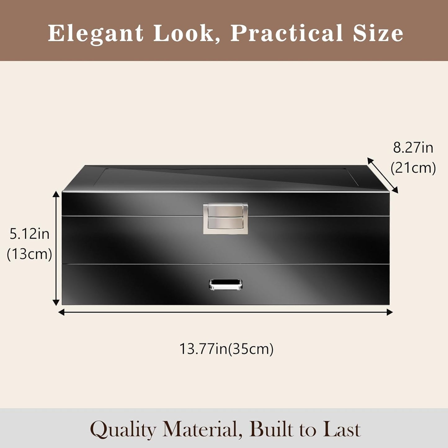 Lacquered Finish Wooden Men's Jewelry Box, Watch and Sunglasses Box Organizer for Men, 2-Tier Watch Holder Display Cases with Clear Glass Top and Storage Drawer