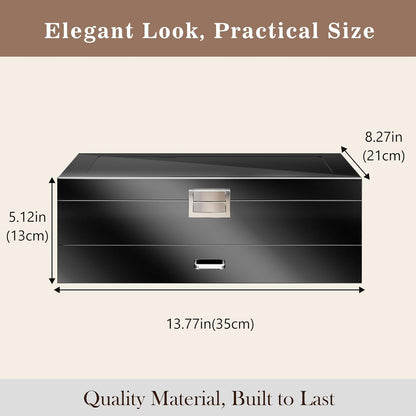Lacquered Finish Wooden Men's Jewelry Box, Watch and Sunglasses Box Organizer for Men, 2-Tier Watch Holder Display Cases with Clear Glass Top and Storage Drawer