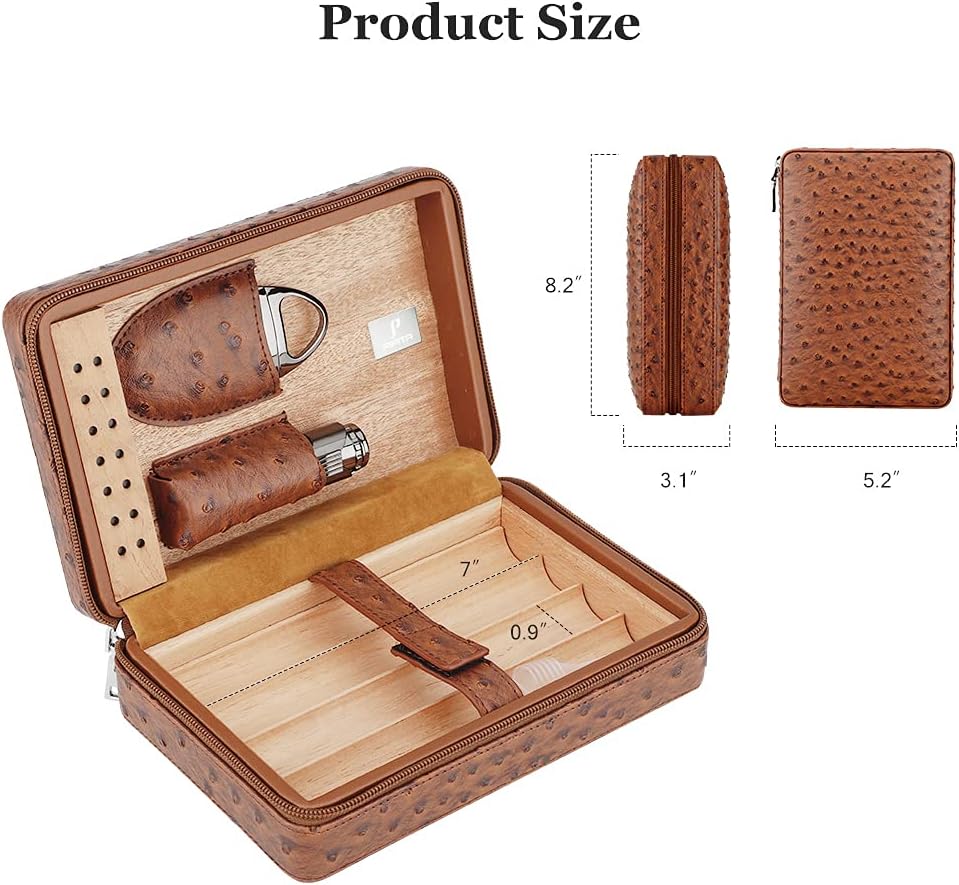 PIPITA Portable Travel Humidor,Elegant Leather Cigar Humidor Cedar Wood Lined for 4 Cigars with Humidifier Cigar Lighter and Cutter (Cigars not Included)