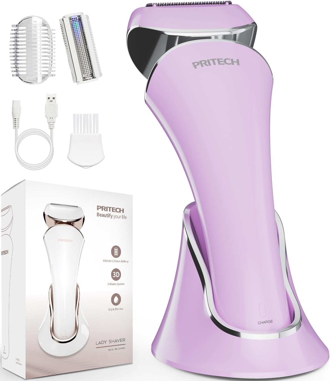 Women,Ladies Shaver,Lady Razor for Legs,Arm,Underarm,Bikini,USB Rechargeable Razor Wet&Dry Cordless for Woman by PRITECH