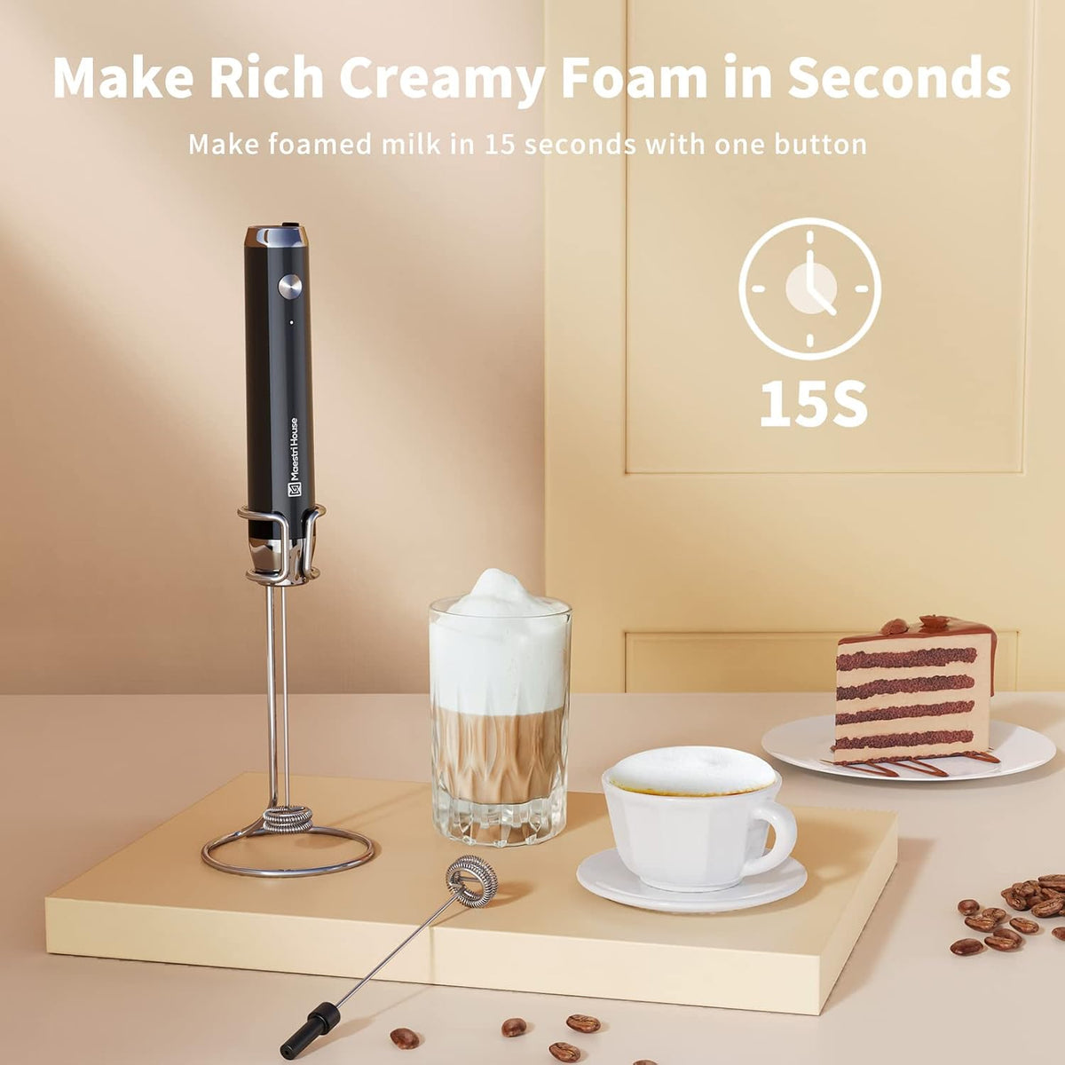 Maestri House Rechargeable Milk Frother with 3 Heads