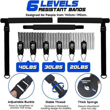 Pilates Bar Kit with 180LBS Resistance Bands(20,30,40 LB),21PCS Pilates Equipment Exercise Bar with Ab Roller, Portable Home Gym Fitness Pilates Bar for Women & Men