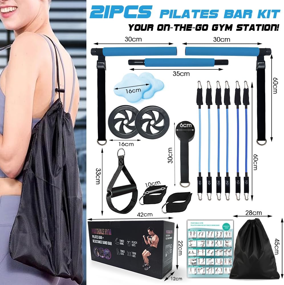 Pilates Bar Kit with 180LBS Resistance Bands(20,30,40 LB),21PCS Pilates Equipment Exercise Bar with Ab Roller, Portable Home Gym Fitness Pilates Bar for Women & Men