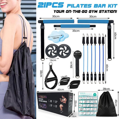 Pilates Bar Kit with 180LBS Resistance Bands(20,30,40 LB),21PCS Pilates Equipment Exercise Bar with Ab Roller, Portable Home Gym Fitness Pilates Bar for Women & Men