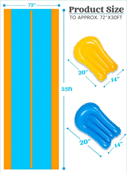 Sloosh Double Lane Water Slide,25ft x 6ft Heavy Duty Lawn Water Slip and Slide with Sprinkler and 2 Inflatable Boards for Adult Kids Party Summer Yard Outdoor Play Activities
