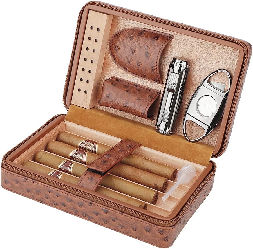 PIPITA Portable Travel Humidor,Elegant Leather Cigar Humidor Cedar Wood Lined for 4 Cigars with Humidifier Cigar Lighter and Cutter (Cigars not Included)