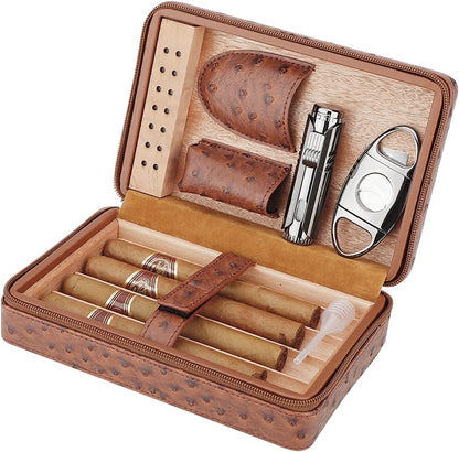 PIPITA Portable Travel Humidor,Elegant Leather Cigar Humidor Cedar Wood Lined for 4 Cigars with Humidifier Cigar Lighter and Cutter (Cigars not Included)