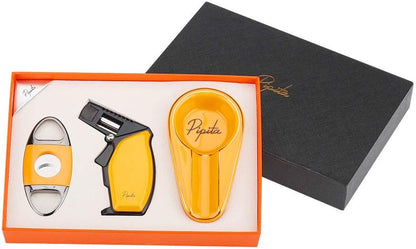 PIPITA Torch Lighter and Cigar Cutter Ashtray Set,Refillable Windproof Single Jet Gas Lighter & Blade Cigar Guillotine & Ceramics Ashtray with Gift Box (Without Gas)
