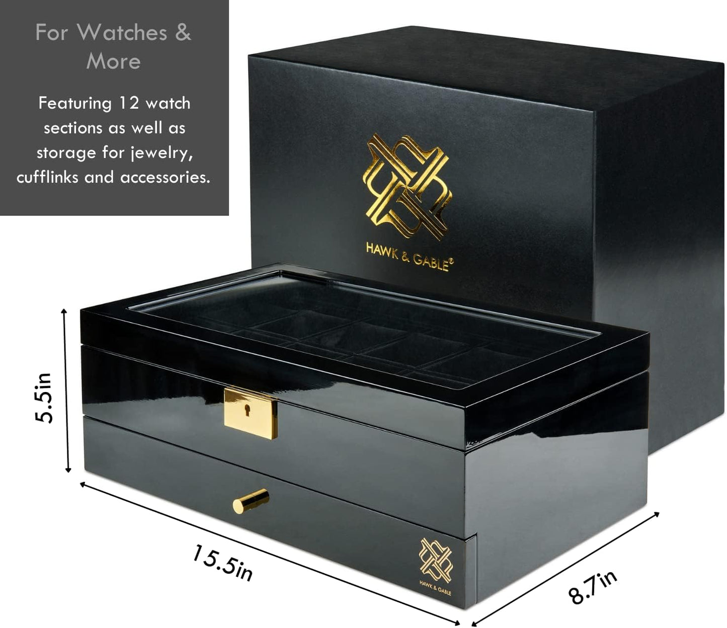 Luxury 12 Slot Watch Box Organizer, Glass Display and Metal Lock, Wide Compartments Fit Large Watches, Plush Velvet Lining, Men’s Jewelry Case, Black Piano Finish (Pearson Valet)