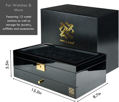 Luxury 12 Slot Watch Box Organizer, Glass Display and Metal Lock, Wide Compartments Fit Large Watches, Plush Velvet Lining, Men’s Jewelry Case, Black Piano Finish (Pearson Valet)
