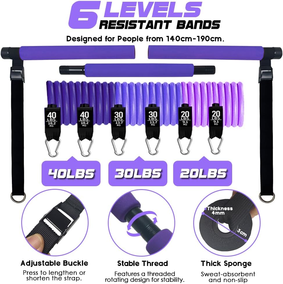 Pilates Bar Kit with 180LBS Resistance Bands(20,30,40 LB),21PCS Pilates Equipment Exercise Bar with Ab Roller, Portable Home Gym Fitness Pilates Bar for Women & Men