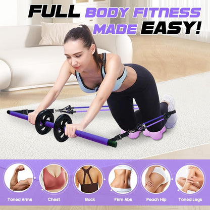 Pilates Bar Kit with 180LBS Resistance Bands(20,30,40 LB),21PCS Pilates Equipment Exercise Bar with Ab Roller, Portable Home Gym Fitness Pilates Bar for Women & Men
