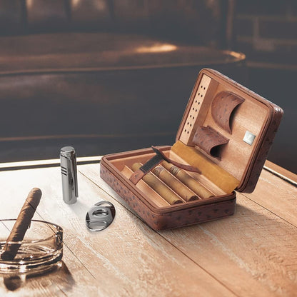 PIPITA Portable Travel Humidor,Elegant Leather Cigar Humidor Cedar Wood Lined for 4 Cigars with Humidifier Cigar Lighter and Cutter (Cigars not Included)