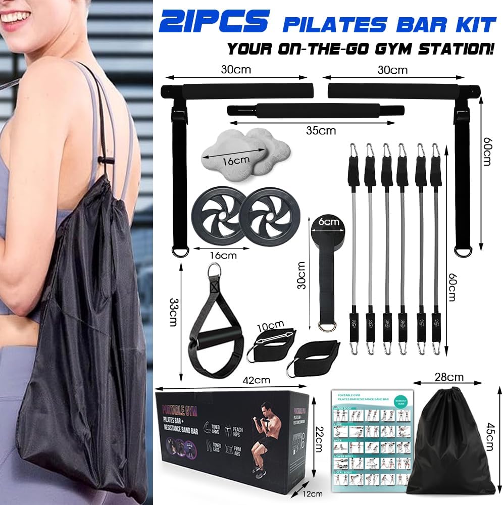 Pilates Bar Kit with 180LBS Resistance Bands(20,30,40 LB),21PCS Pilates Equipment Exercise Bar with Ab Roller, Portable Home Gym Fitness Pilates Bar for Women & Men