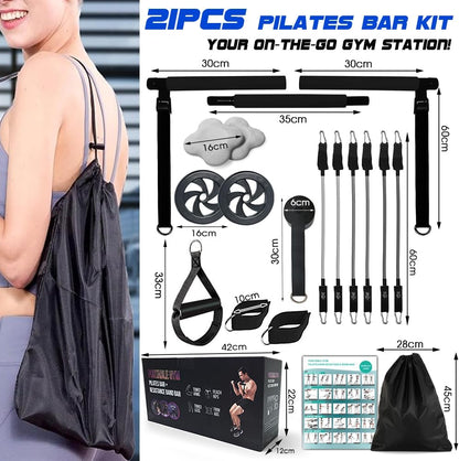 Pilates Bar Kit with 180LBS Resistance Bands(20,30,40 LB),21PCS Pilates Equipment Exercise Bar with Ab Roller, Portable Home Gym Fitness Pilates Bar for Women & Men