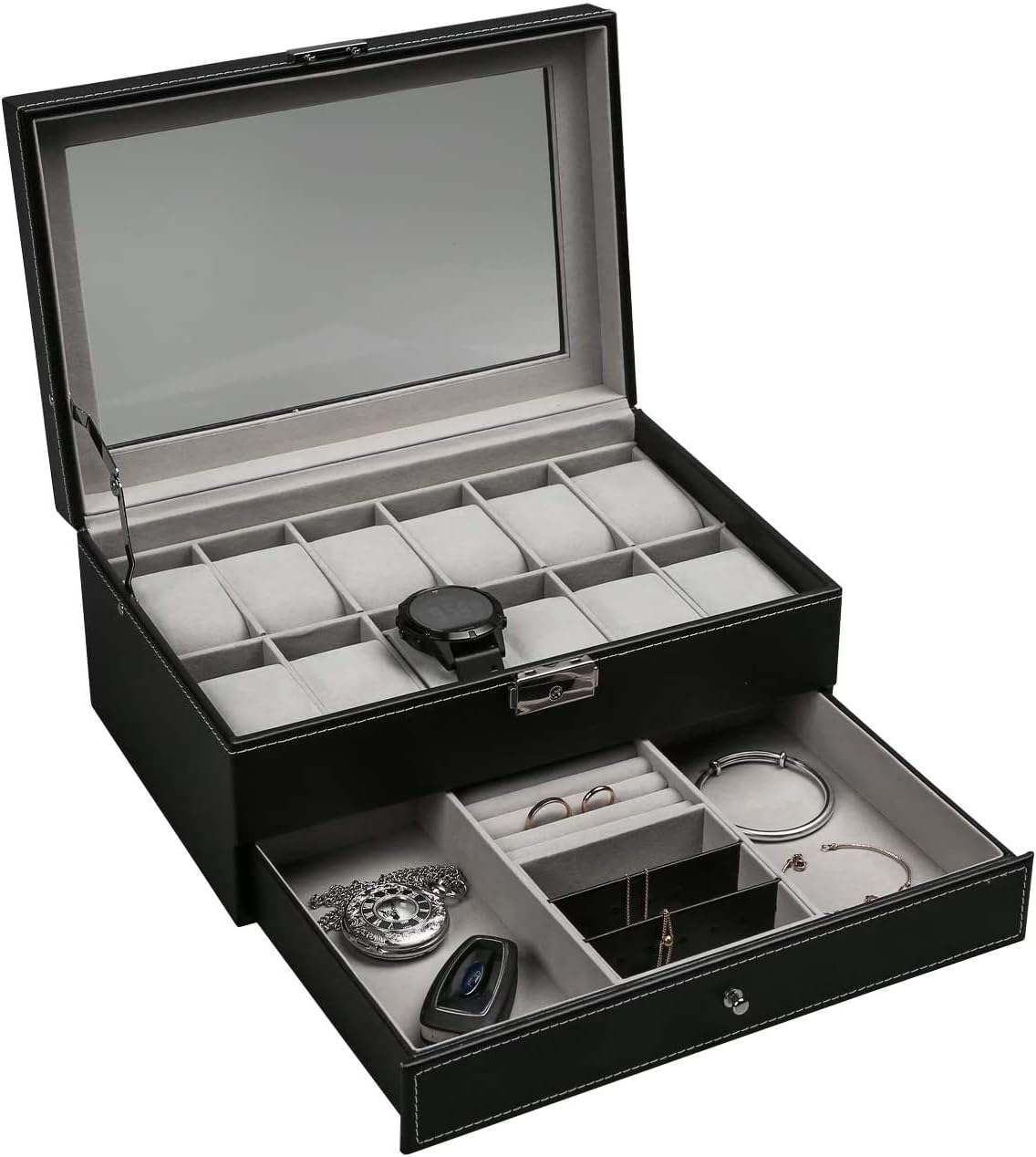 Haundry 12 Slot PU Leather Lockable Watch Storage Boxes