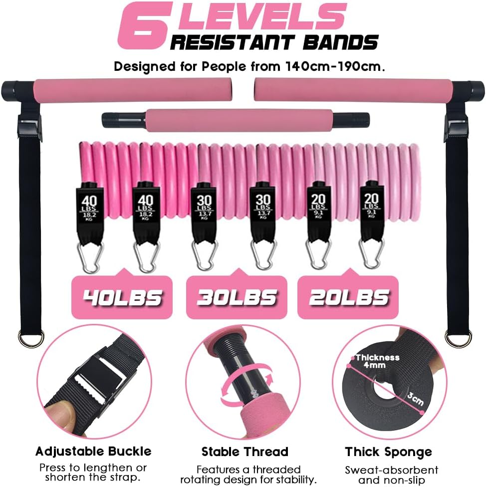 Pilates Bar Kit with 180LBS Resistance Bands(20,30,40 LB),21PCS Pilates Equipment Exercise Bar with Ab Roller, Portable Home Gym Fitness Pilates Bar for Women & Men