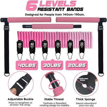 Pilates Bar Kit with 180LBS Resistance Bands(20,30,40 LB),21PCS Pilates Equipment Exercise Bar with Ab Roller, Portable Home Gym Fitness Pilates Bar for Women & Men