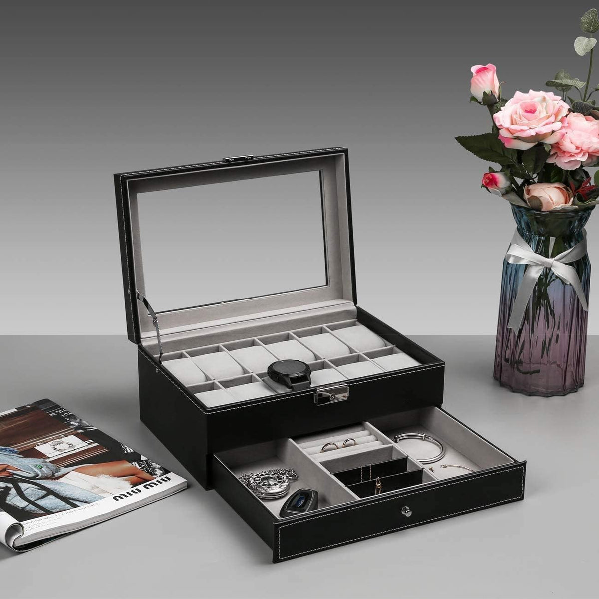 Haundry 12 Slot PU Leather Lockable Watch Storage Boxes