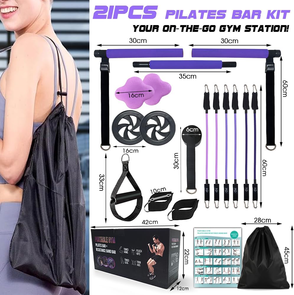 Pilates Bar Kit with 180LBS Resistance Bands(20,30,40 LB),21PCS Pilates Equipment Exercise Bar with Ab Roller, Portable Home Gym Fitness Pilates Bar for Women & Men