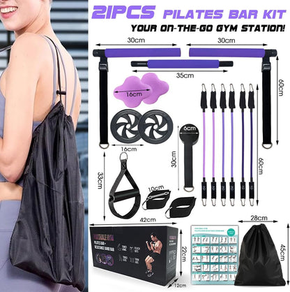 Pilates Bar Kit with 180LBS Resistance Bands(20,30,40 LB),21PCS Pilates Equipment Exercise Bar with Ab Roller, Portable Home Gym Fitness Pilates Bar for Women & Men