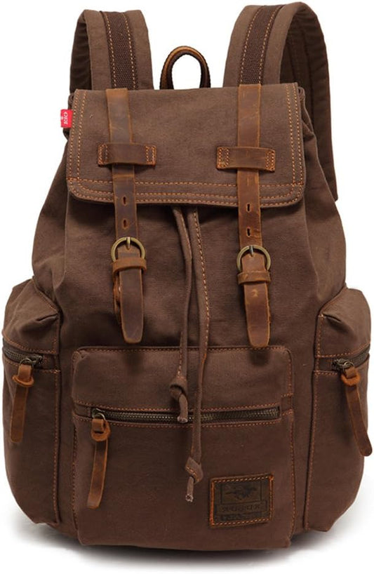 AUGUR Vintage Canvas Leather Backpack Large Laptop Rucksack 
