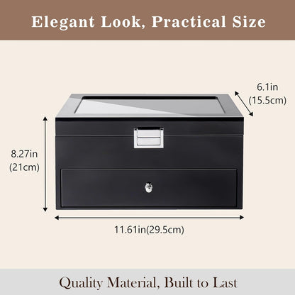Lacquered Finish Wooden Men's Jewelry Box, Watch and Sunglasses Box Organizer for Men, 2-Tier Watch Holder Display Cases with Clear Glass Top and Storage Drawer